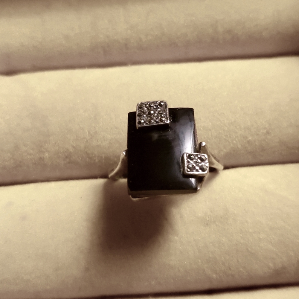 Artisan Crafted Onyx Ring Set In Silver with Marcasite Accents